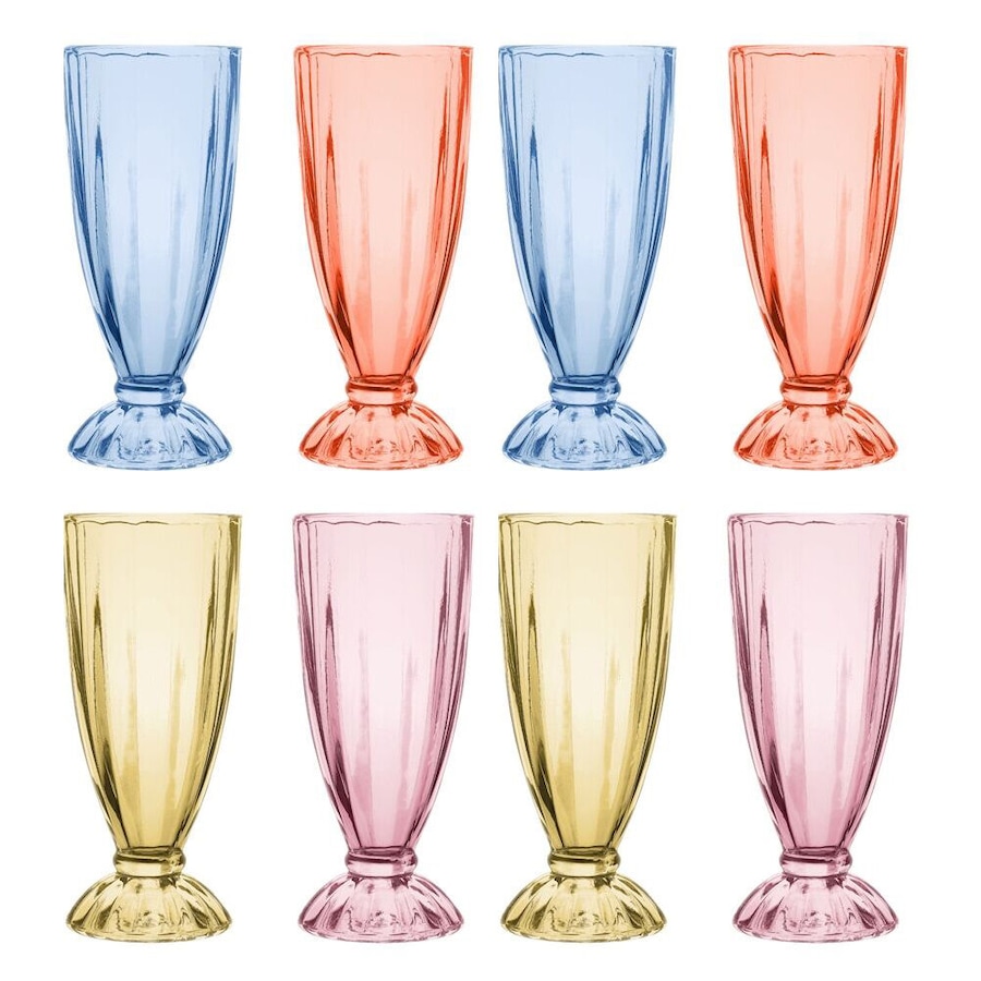 2x 4pc Porto Soda Lime Glass Milkshake Cups 340ml Citron, Ruby, Sky, Rose
