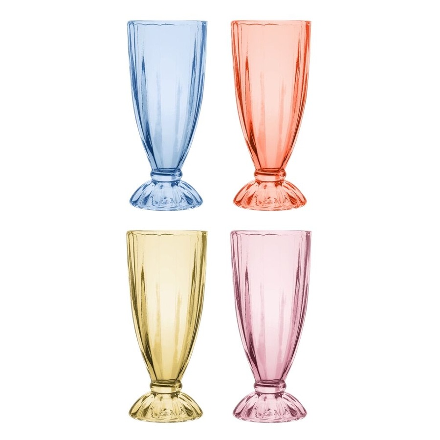2x 4pc Porto Soda Lime Glass Milkshake Cups 340ml Citron, Ruby, Sky, Rose