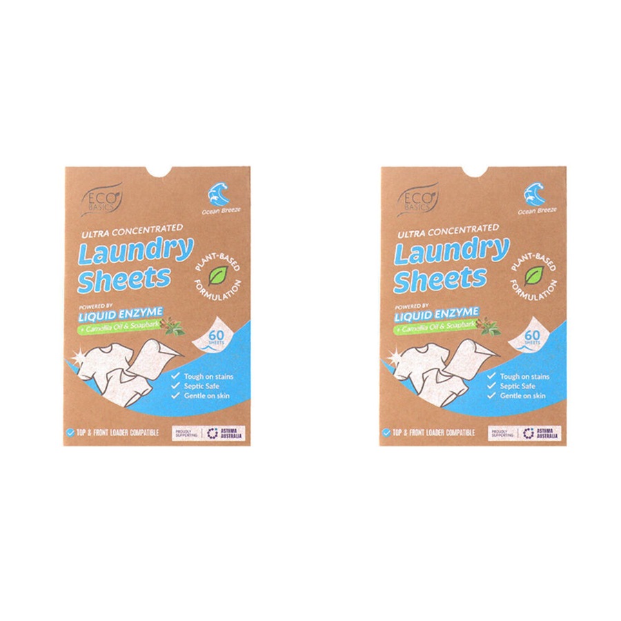 2x 60pc Eco Basics Laundry Detergent Sheets w/ Ocean Breeze Scent 11cm