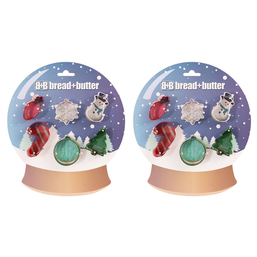 2x 6pc Bread and Butter Cookie Cutter Globe/Flake/SnowMan/Cane/Sock/Tree Set