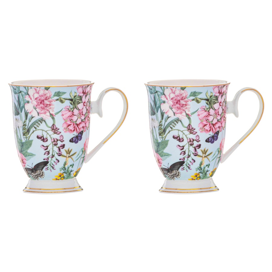 2x Ashdene Romantic Garden 300ml Footed Coffee Mug Tea Cup New Bone China Aqua