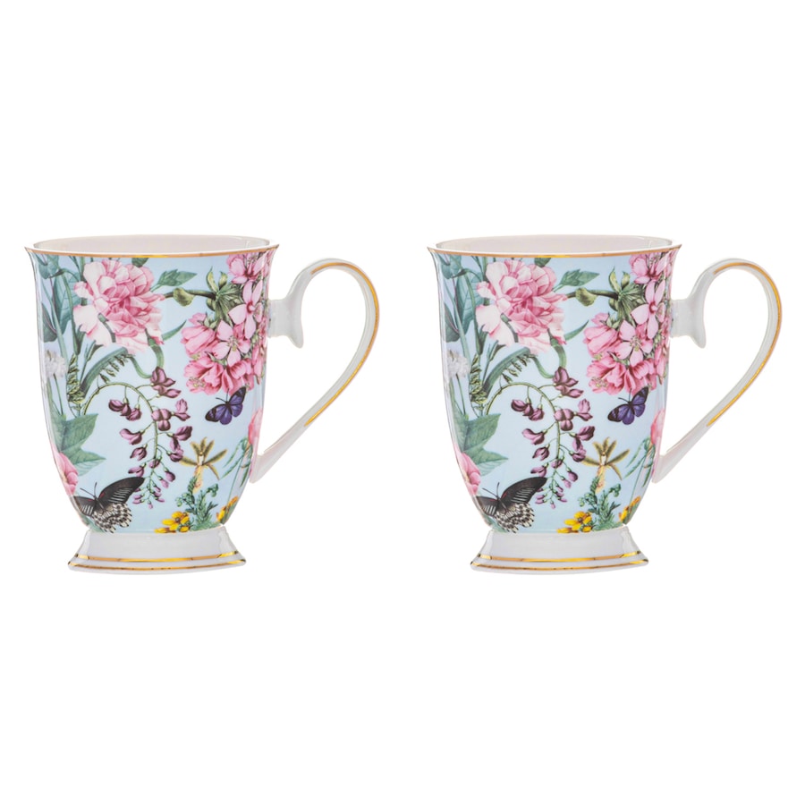 2x Ashdene Romantic Garden 300ml Footed Coffee Mug Tea Cup New Bone China Aqua