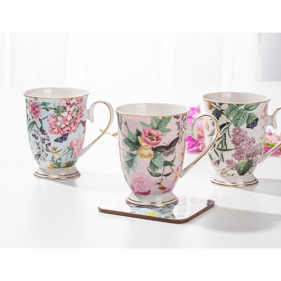 2x Ashdene Romantic Garden 300ml Footed Coffee Mug Tea Cup New Bone China Aqua