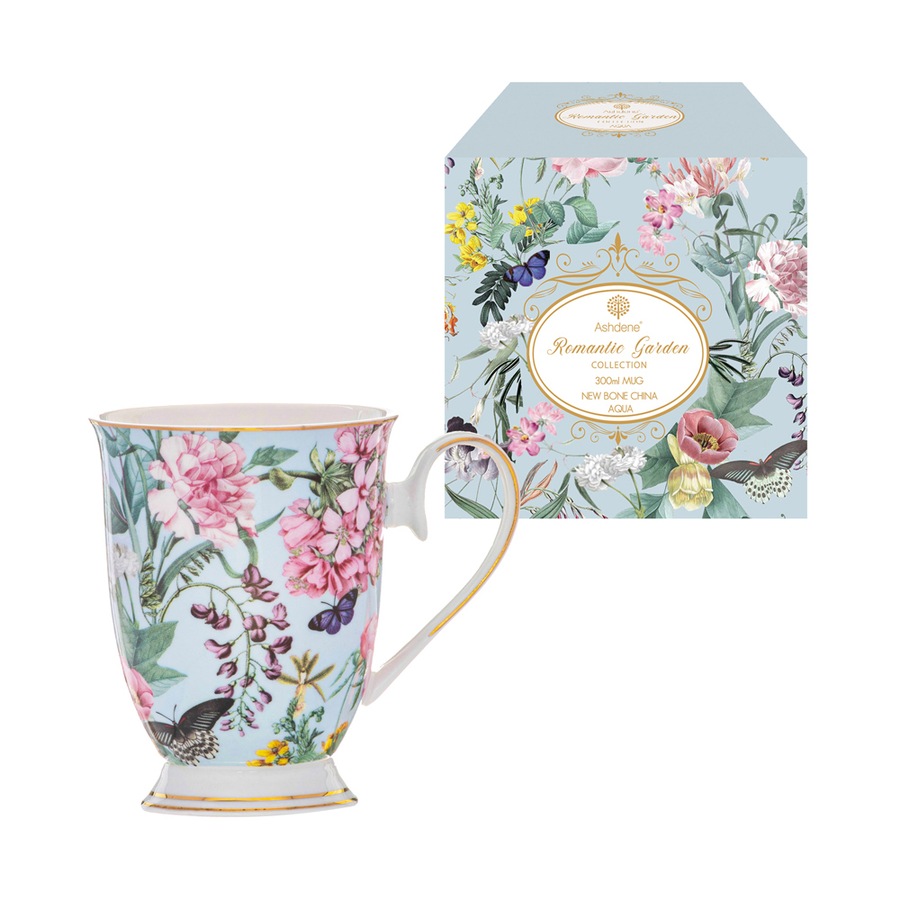 2x Ashdene Romantic Garden 300ml Footed Coffee Mug Tea Cup New Bone China Aqua