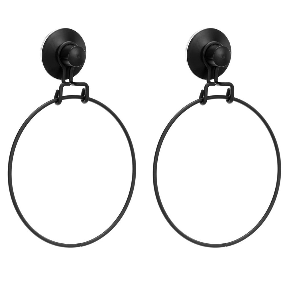 2x Boxsweden Wall Mount Bathroom Wire Suction Cup Towel Ring Holder/Rack Black
