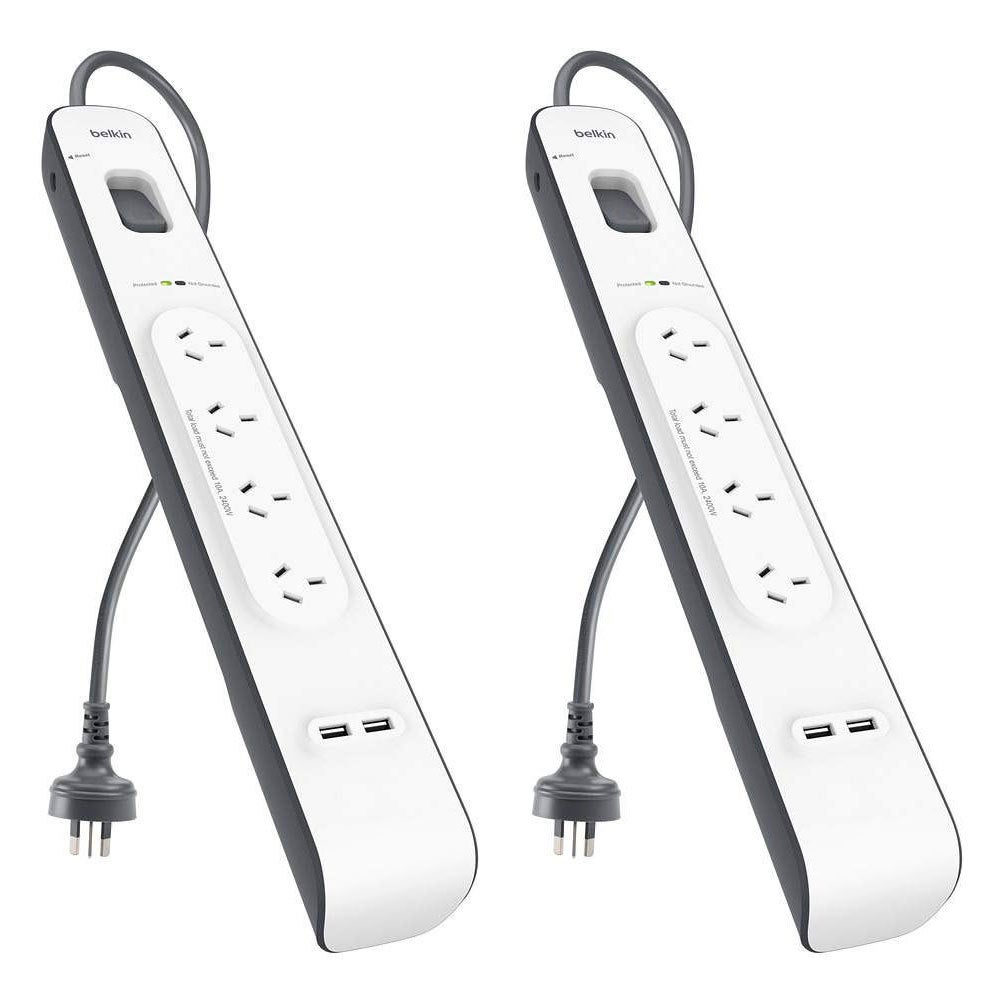 2x Belkin 4 Way Outlet Surge Protector 2M Power Board 2.4A w 2 USB Port Charger