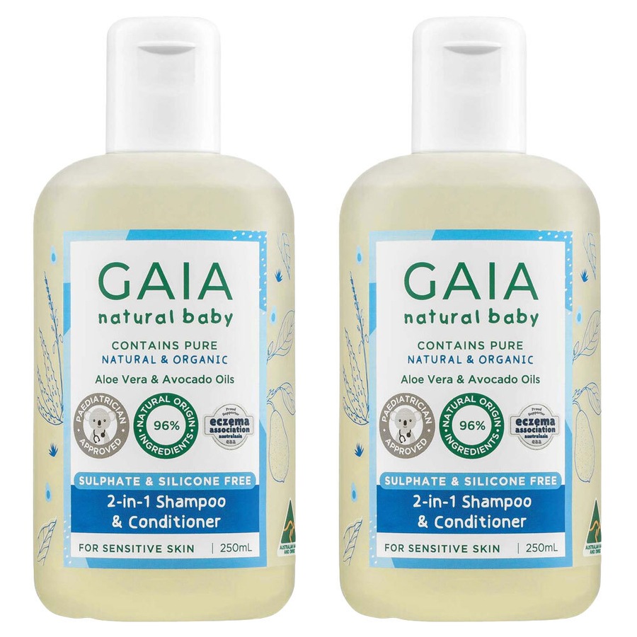 2x Gaia Natural Baby 2-In-1 Silicone Free Gentle Shampoo and Conditioner 250ml