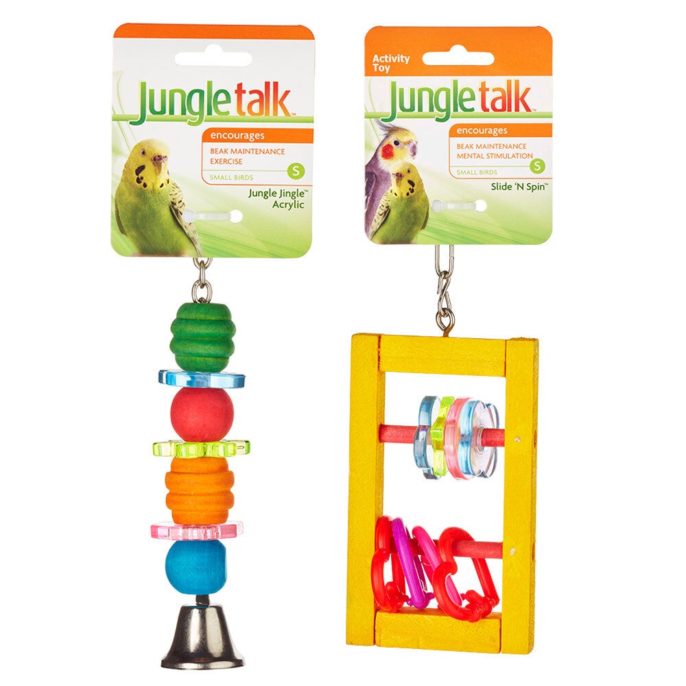 2x Jungle Talk Wooden Jingle Acrylic/Slide N' Spin Activity Toys for Small Birds