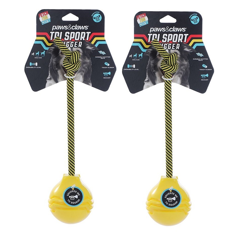 2x Paws & Claws 23x7.6x5.8cm Tri Sport Bone Tugger Dog/Pet Interactive Toys YEL