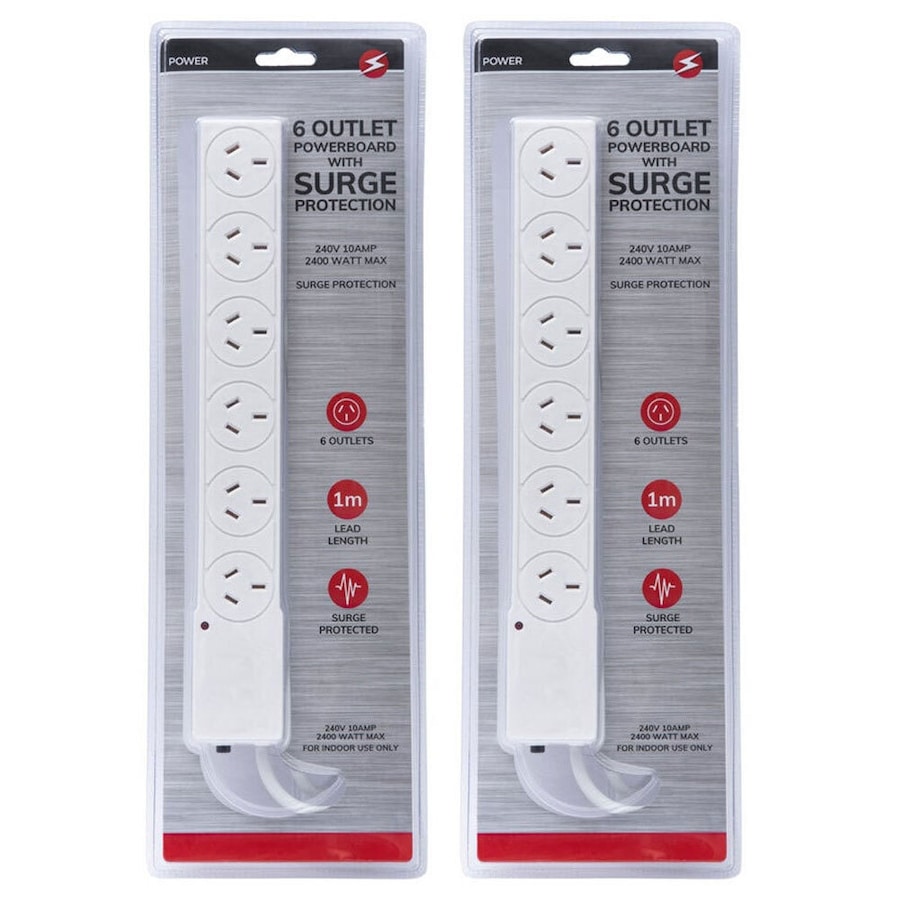 2x Power 6 Outlet Powerboard 1m Lead Extension Strip Socket w/ Surge Protection
