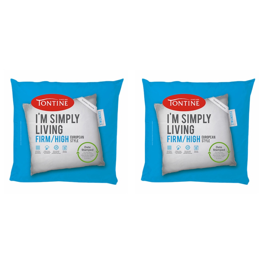 2x Tontine 65x65cm Simply Living European Cotton Square Pillow Firm High Profile