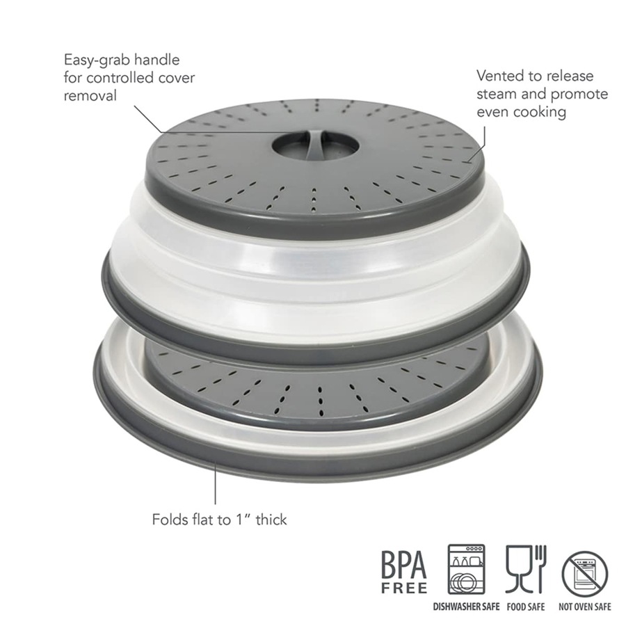 2x Tovolo Microwave Collapsible Plastic Food Cover Protector Round Charcoal