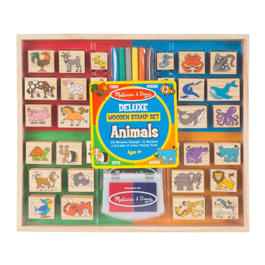 30pc Melissa & Doug Deluxe Wooden Stamp Set Kit Kids Toy Animals 4y+
