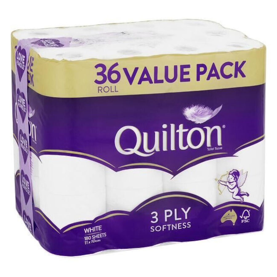36pc Quilton 180-Sheet Softness Tissue Roll 3-Ply White Toilet Paper
