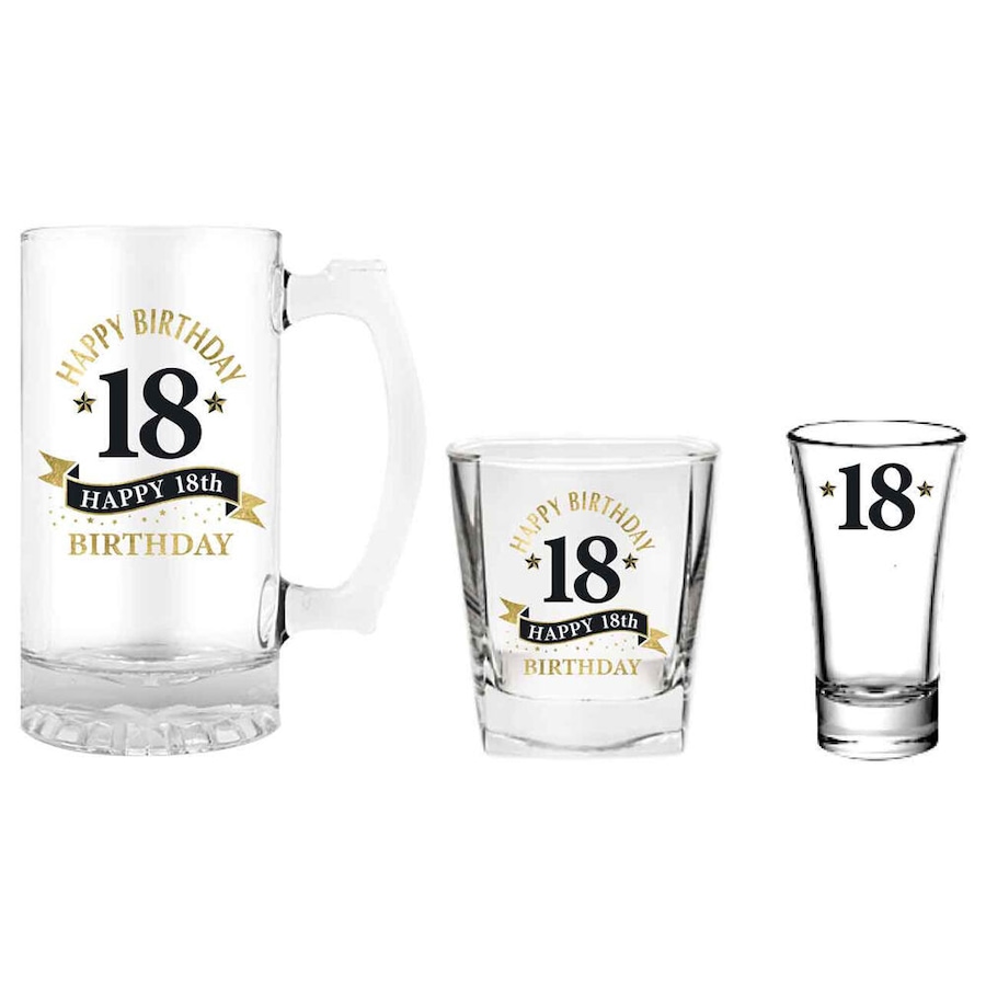 3pc LMD 18th Birthday Beer Stein/Whisky/Shot Glasses Drinkware Set Clear