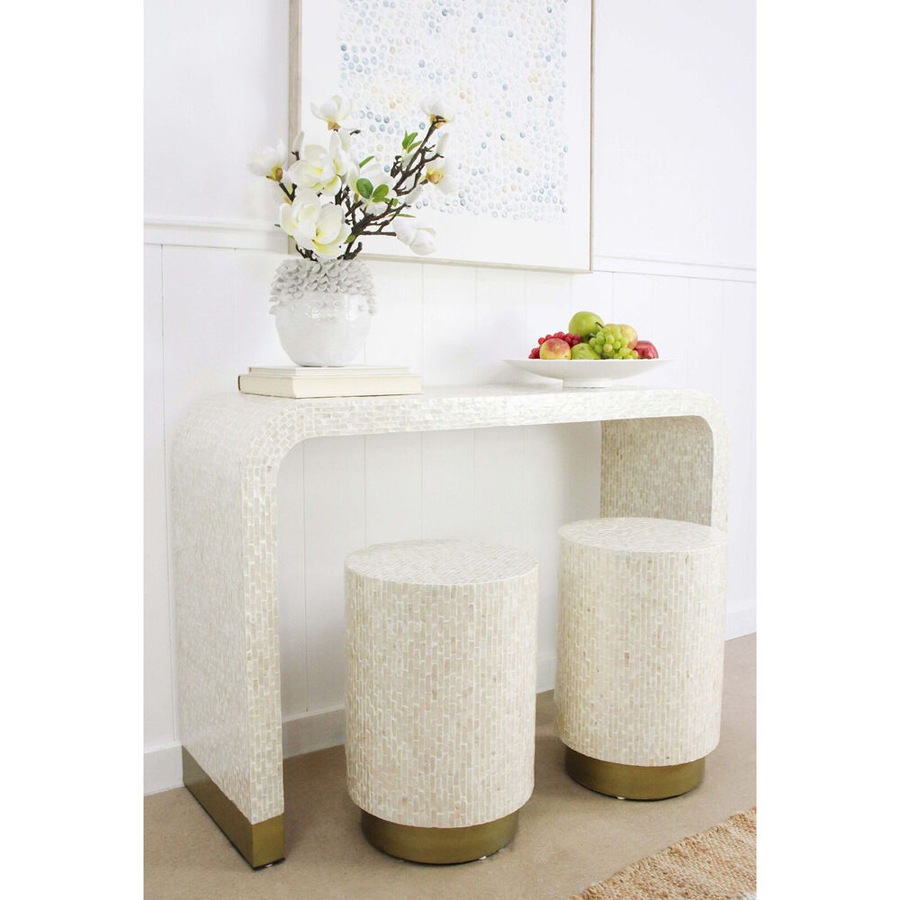 3pc LVD Capiz Wooden Console + Side Tables Set 120x80cm/35x51cm Shimmer White