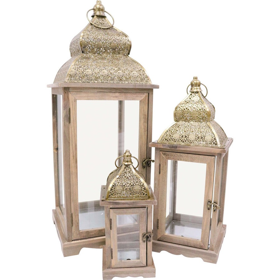 3pc LVD Wooden Glass Lanterns Kaylah Set 25x69cm/20x50cm/14x35cm Natural