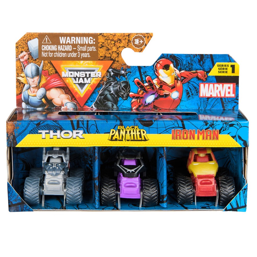 3pc Mini Monster Jam Marvel Trucks Set with Iconic Heroes Kids/Children 3y+