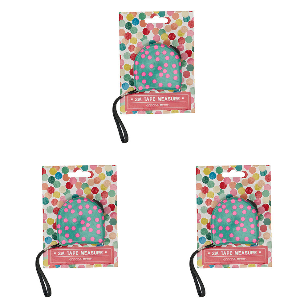 3PK Annabel Trends 3m Tape Measure Retractable Measuring Tool w/ Clip Confetti