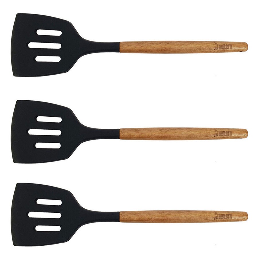 3PK Bialetti St. Clare Black Silicone Slotted Lifter Acacia Handle Cookware