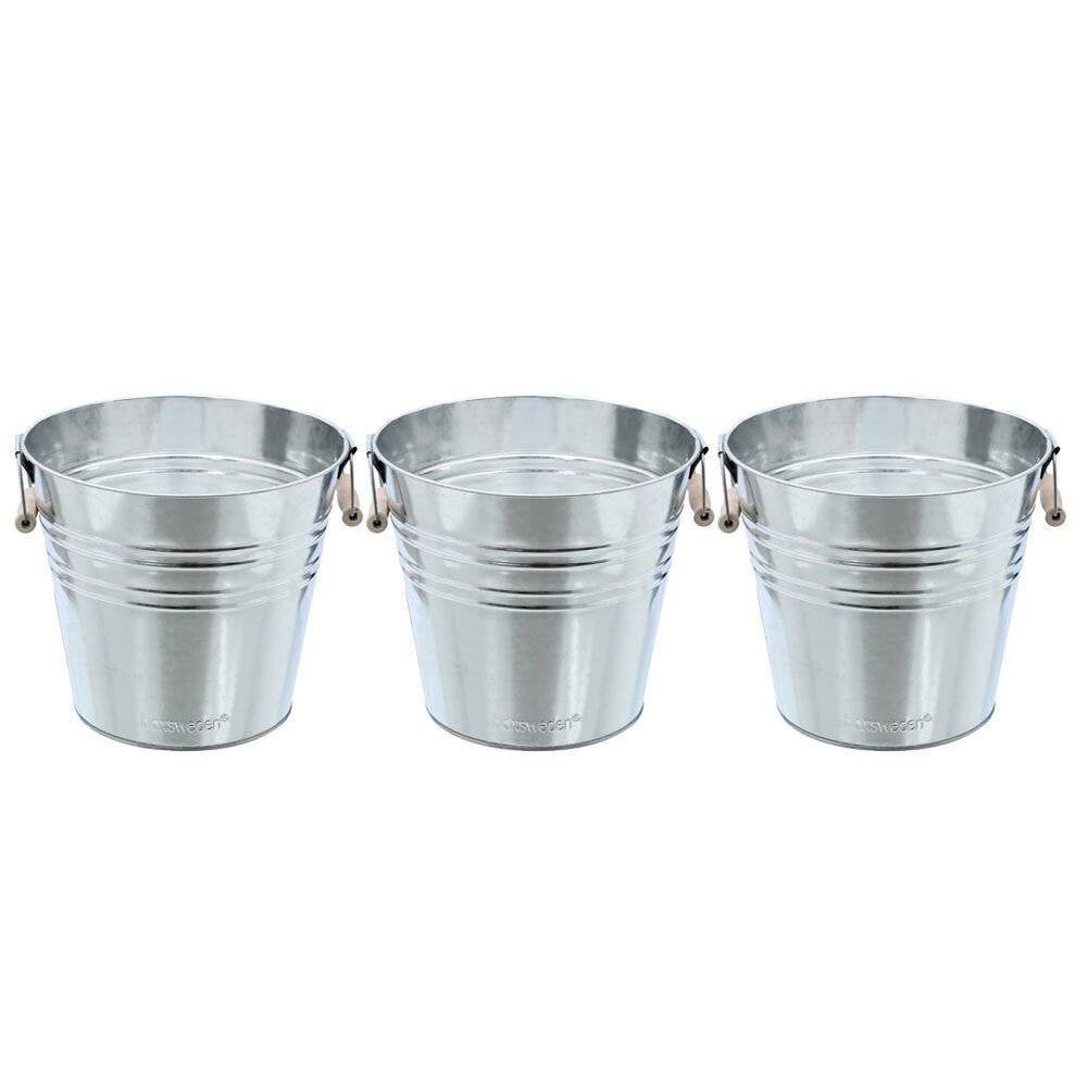 3PK Boxsweden 12L Metal Ice Bucket 30cm Wood Handle Water Storage Galvanised