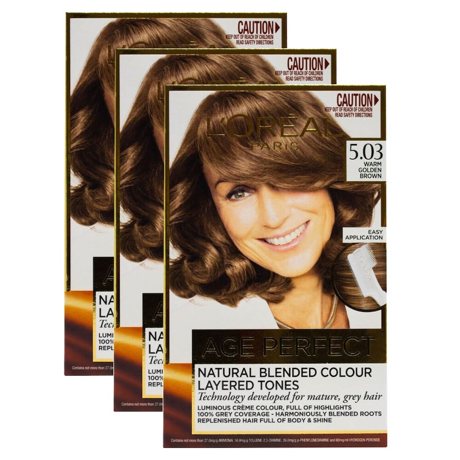3PK Loreal Age Perfect Hair Colour 5.03 Warm Golden Brown Dye Grey Coverage
