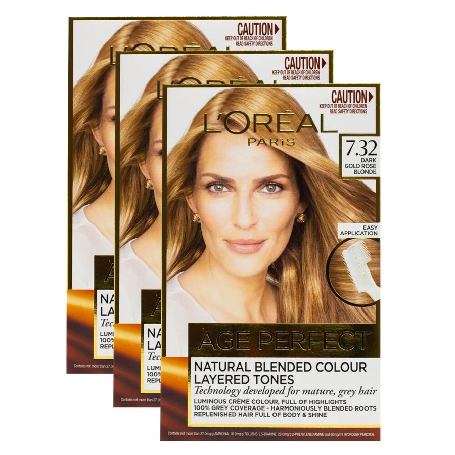 3PK Loreal Age Perfect Hair Colour 7.32 Dark Gold Rose Blonde Dye Grey Coverage