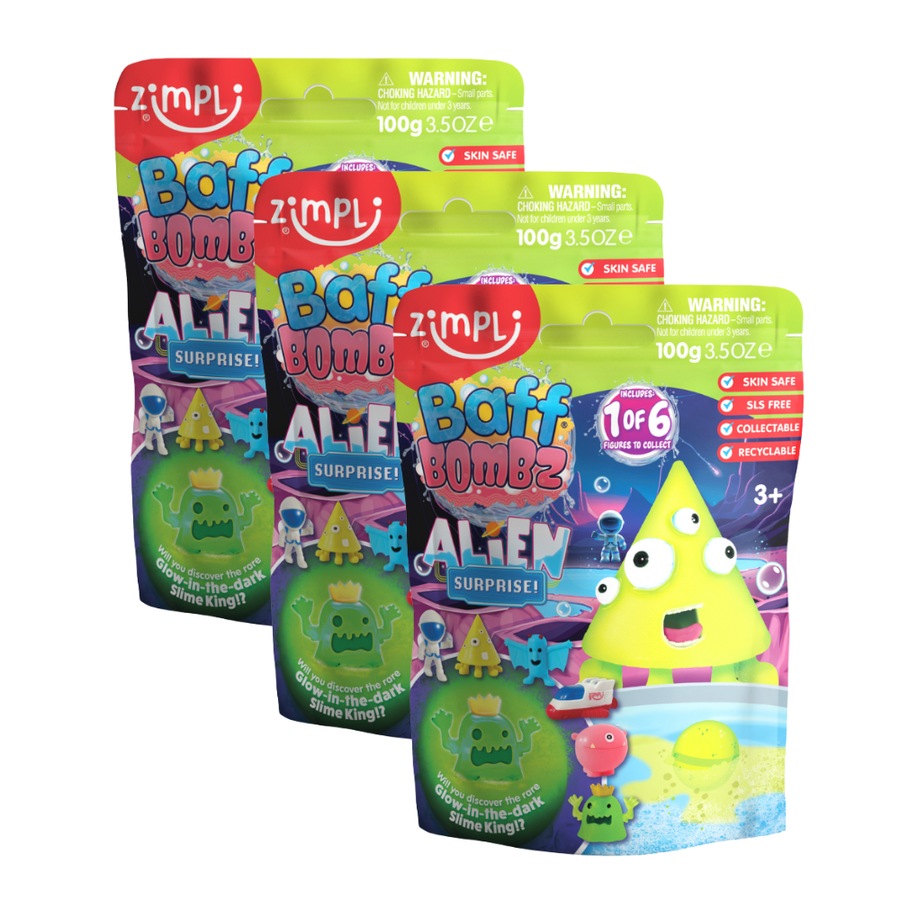 3PK Zimpli Kids Baff Bombz Alien Surprise Children Fizzy Coloured Bath Bombs