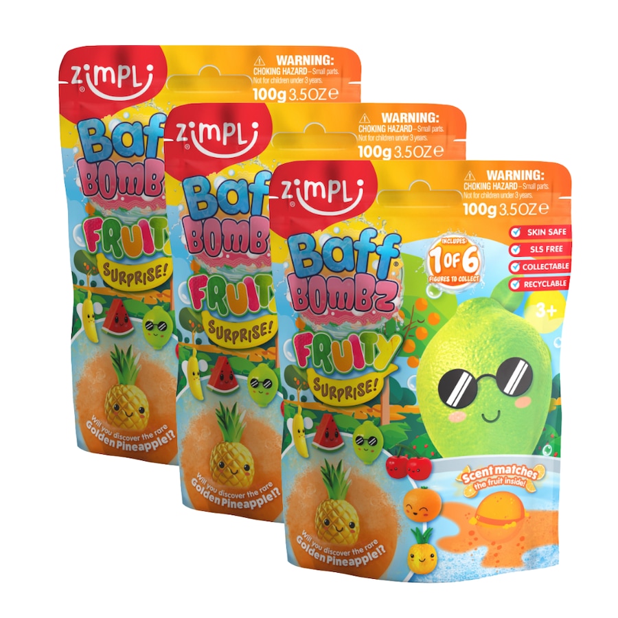 3PK Zimpli Kids Baff Bombz Fruity Surprise Children Fizzy Coloured Bath Bombs