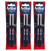 3x 2pc Artline Fineline 200 Fine 0.4mm Line Width School Drawing Writing Pen BLK
