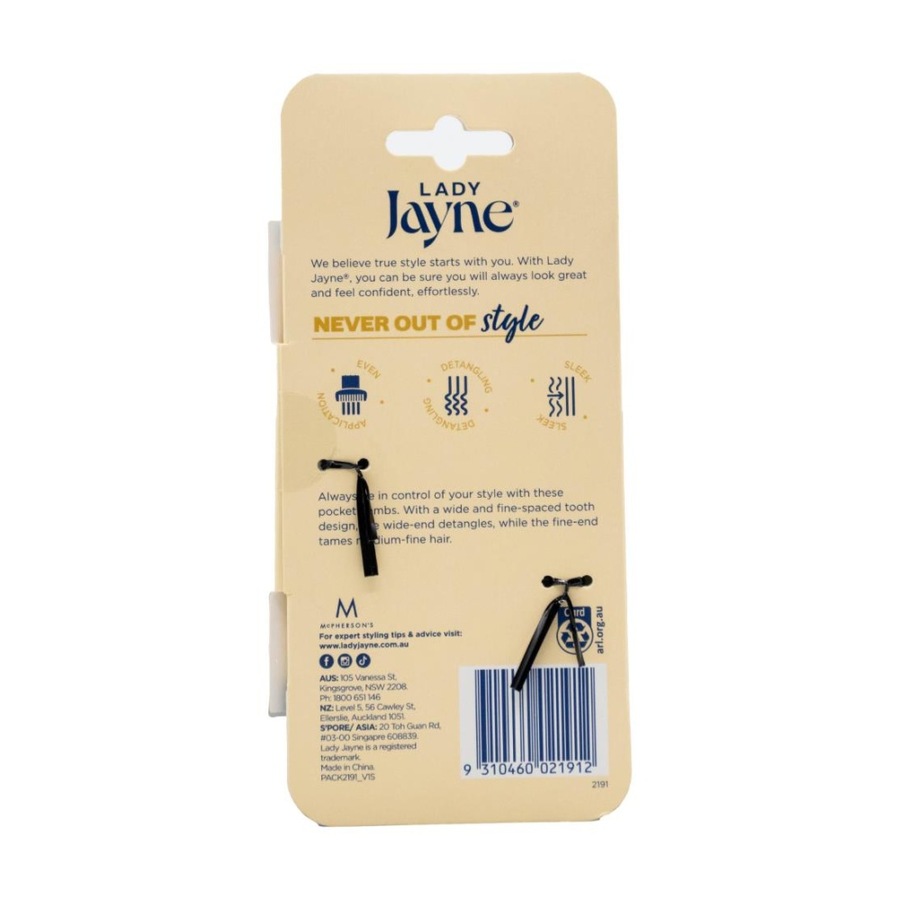 3x 2pc Lady Jayne Pocket Combs Brushes For Short-Medium Hair Black