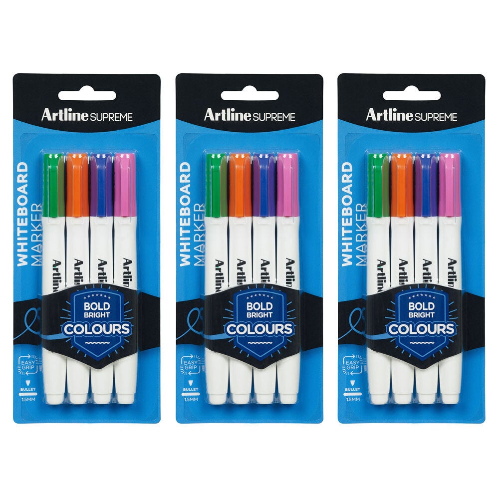 3x 4pc Artline Supreme Whiteboard Markers Water Based Pen Assorted Bright Colour