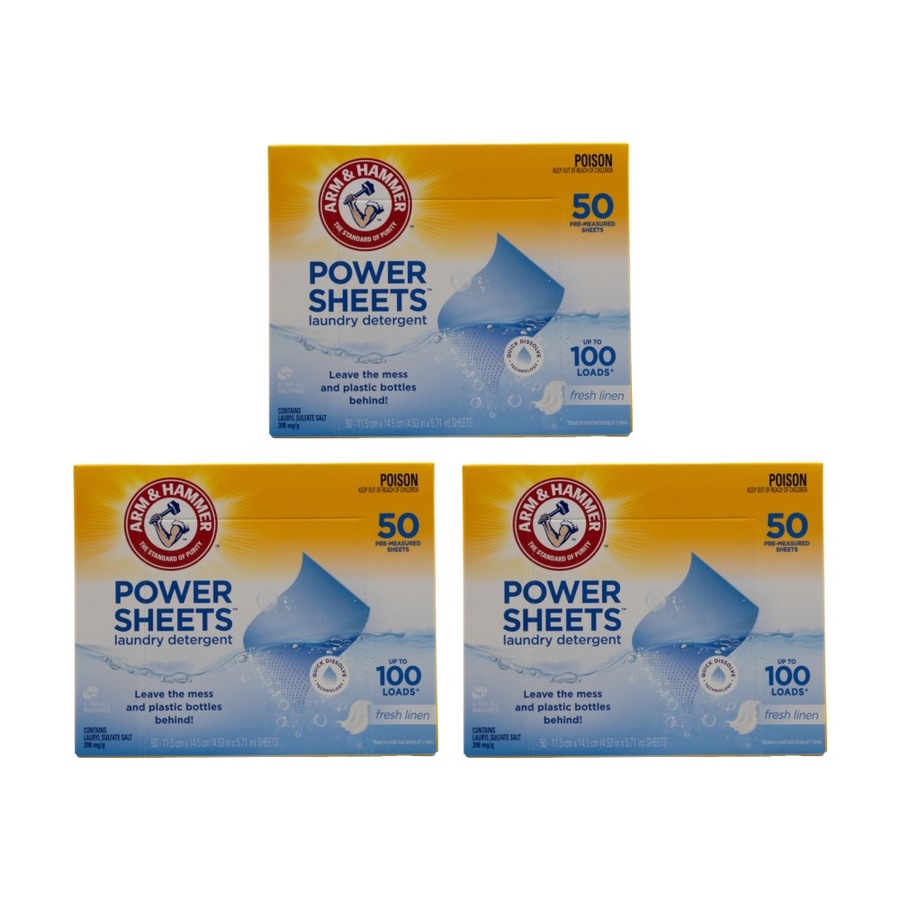 3x 50pc Arm & Hammer Laundry Detergent Power Sheets Up To 100 Loads Fresh Linen