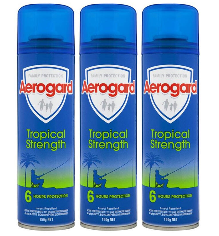 3x Aerogard 150g Tropical Strength Flies/Insect Repellant Spray 6h Protect Adult