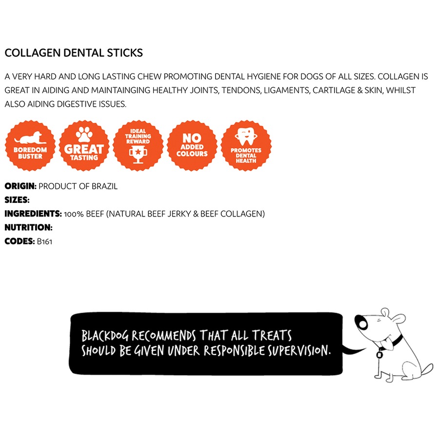 3x Blackdog 28cm High Protien Beef Collagen Dental Stick Dog/Pet Healthy Treat
