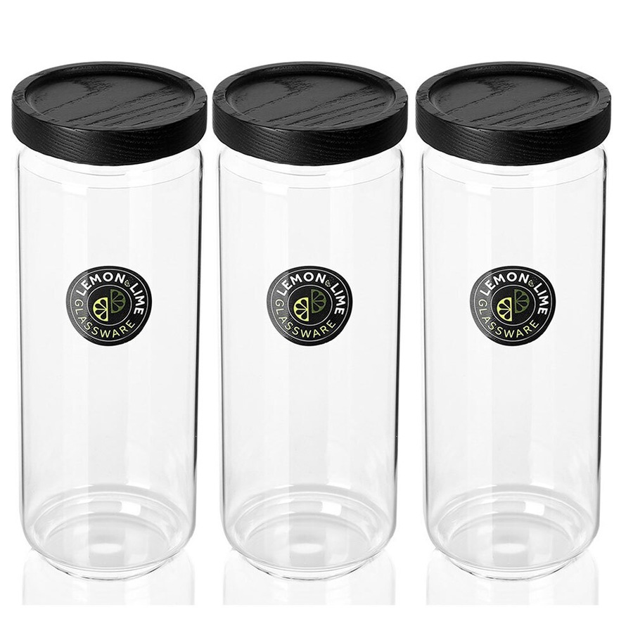 3x Lemon And Lime 1.4L Woodend Black Lid Glass Canister Storage Container/Jar