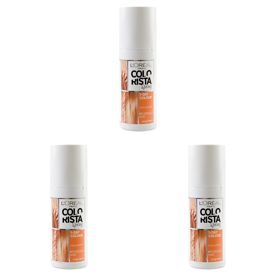 3x Loreal Paris Colorista Hair Spray 1 Day Colour Highlights 75ml Rosegold Hair