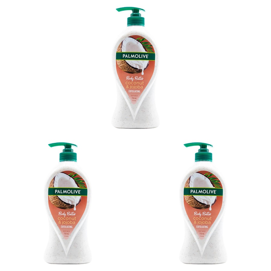 3x Palmolive 750ml Exfoliating Bodywash Bath Soap Body Butter Coconut & Jojoba