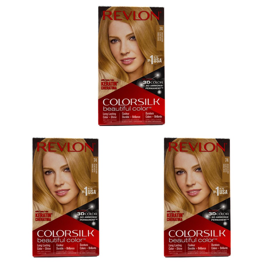 3x Revlon Colorsilk 3D Permanent Hair Color Dye w/ Keratin 74 Medium Blonde