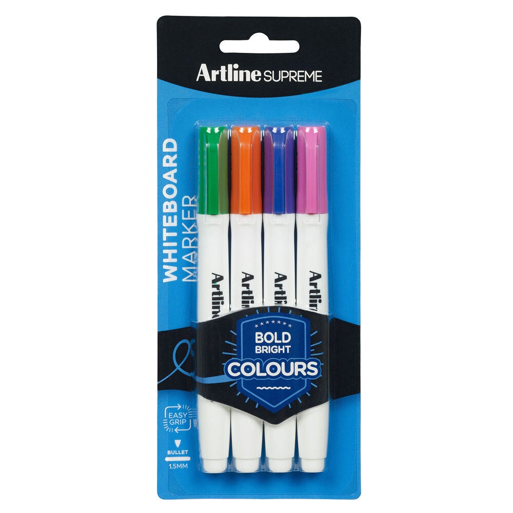4pc Artline Supreme Whiteboard Markers Water Based Pens Assorted Bright Colours