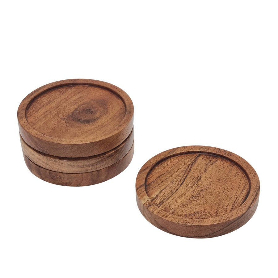 4pc J.Elliot Home Brooks 10cm Acacia Wood Coaster Set Round Drink Mat Natural
