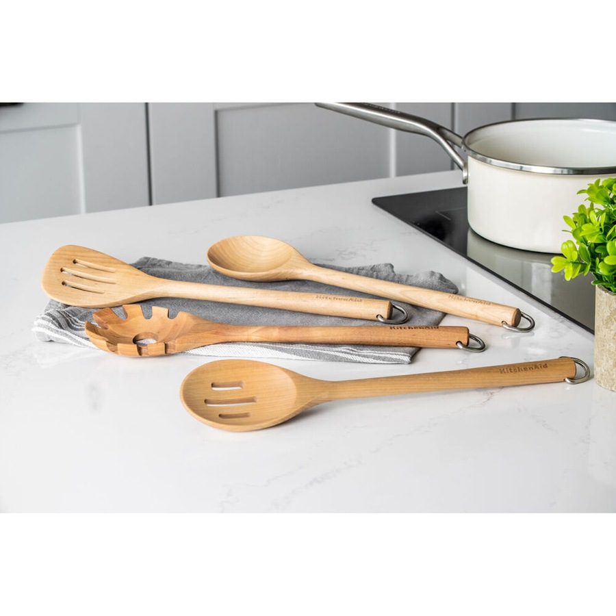 4pc KitchenAid Birchwood Utensils Set Wooden Kitchen Tools Durable Design w/Hook