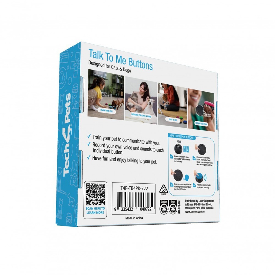 4pc Tech4Pets Interactive Pet Communication Recordable Talking/Speak Buttons