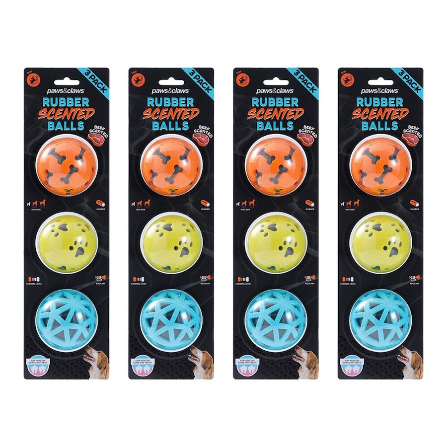 4PK 3pc Paws And Claws TPR Rubber Scented Beef Squeaky Dog Balls 7cm Assorted