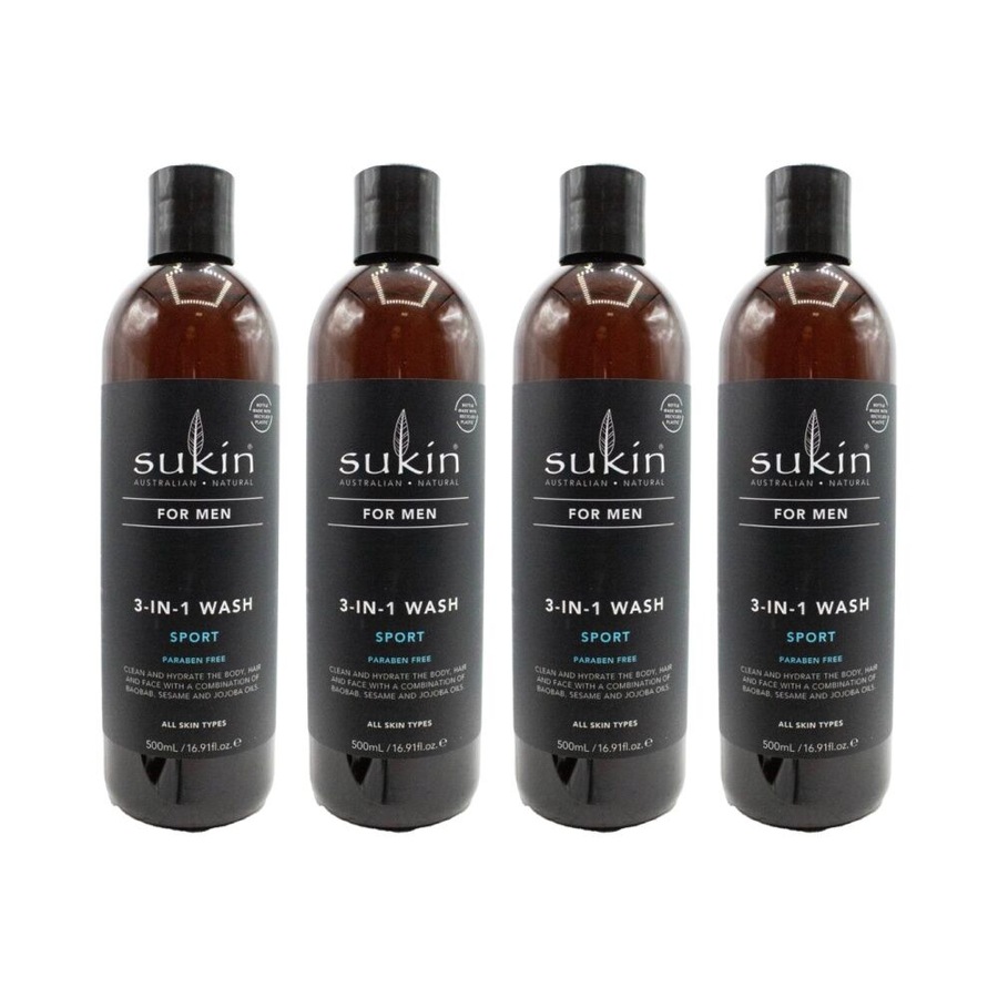 4PK Sukin 3-In-1 Wash Natural Paraben Free For Men Australian Made 500ml Sport