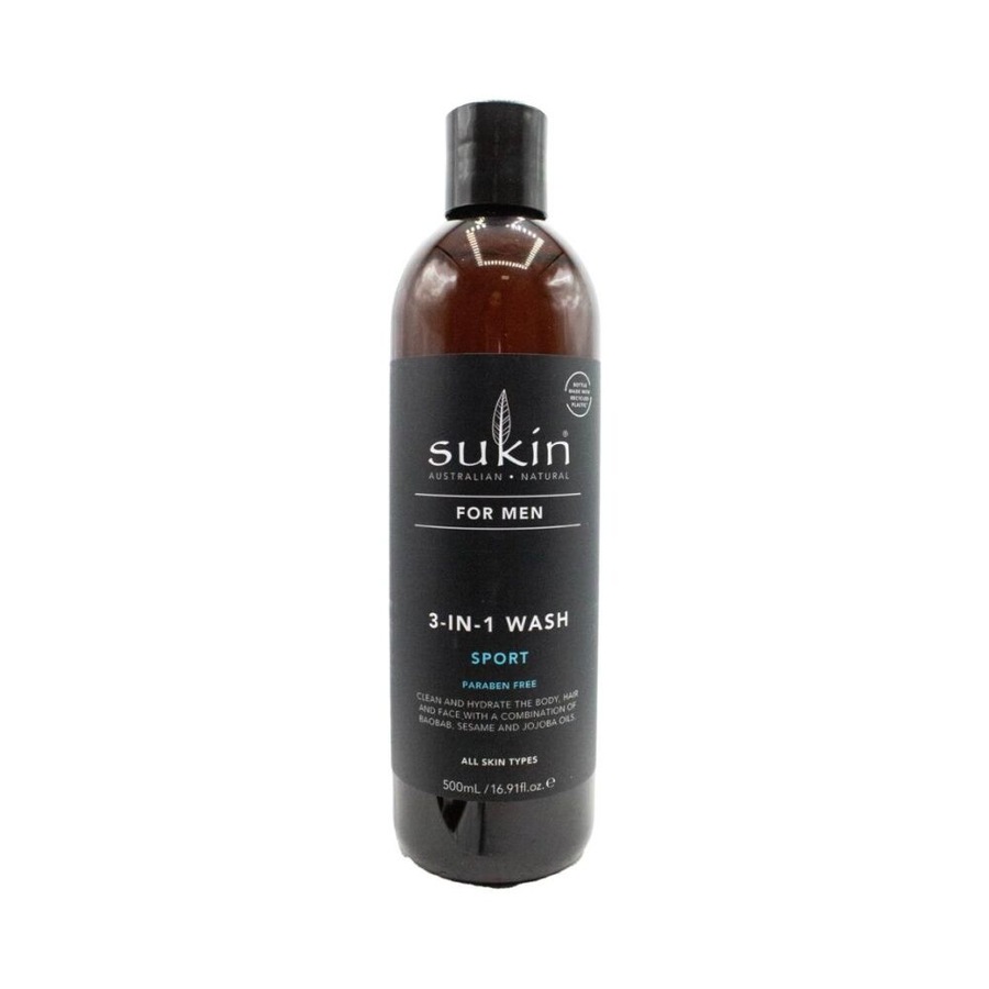 4PK Sukin 3-In-1 Wash Natural Paraben Free For Men Australian Made 500ml Sport