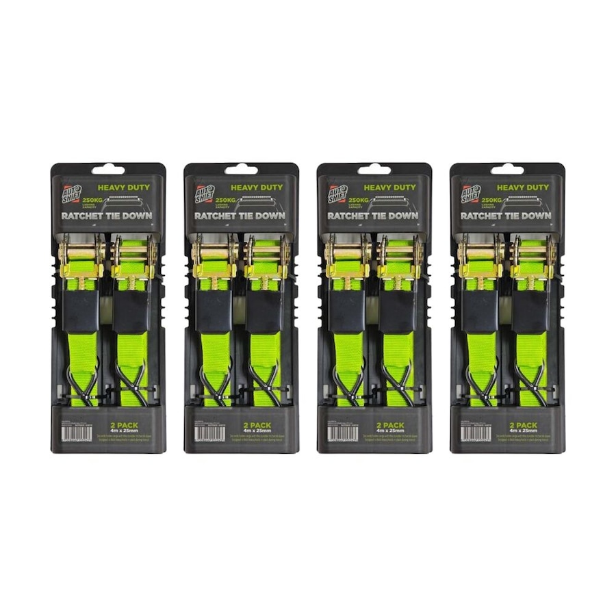 4x 2PK AutoShift Heavy Duty Ratchet Tie Down 250kg Capacity w/Auto-Lock 4m Lime