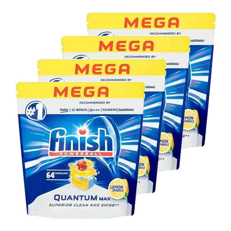 4x 64pk Finish Mega Powerball Quantum Max Dishwashing Tablets F Dishwasher Lemon