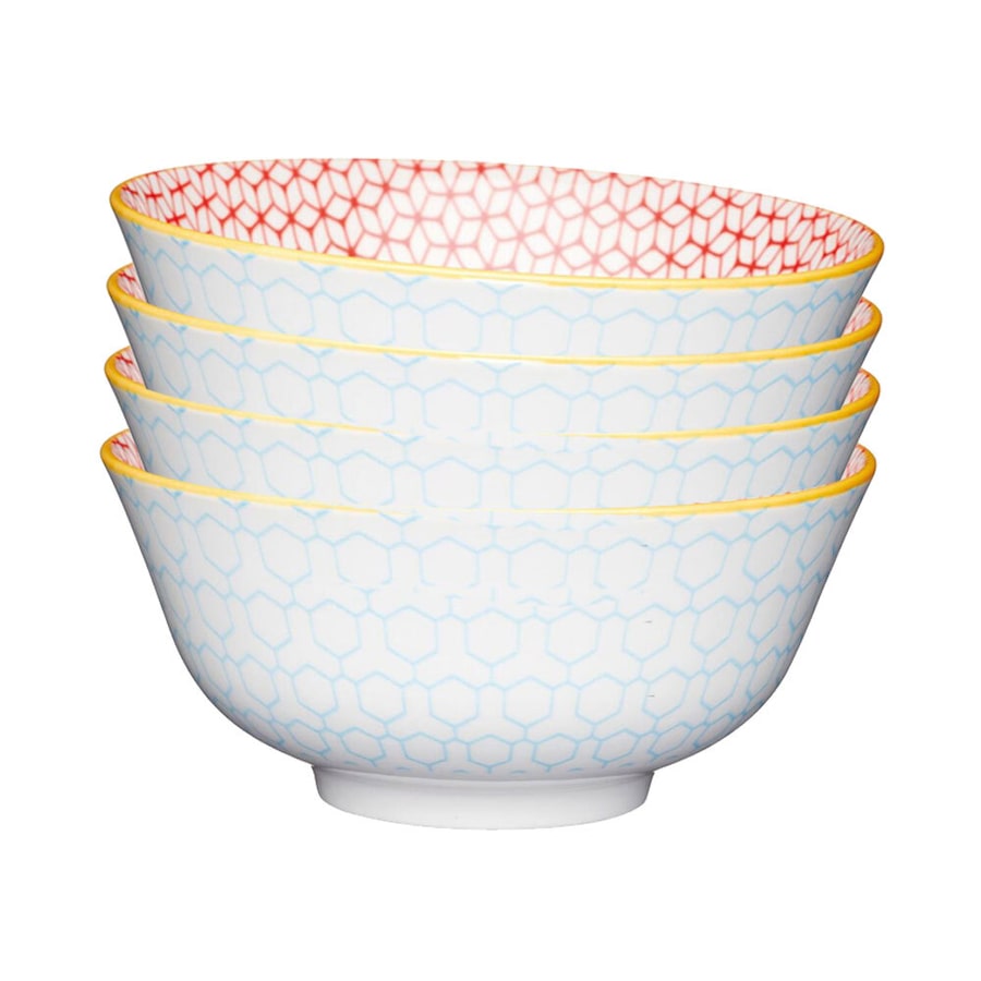 4x Mikasa Does it All Dining Tableware Glazed Bowl 15.7cm Geometric Blue
