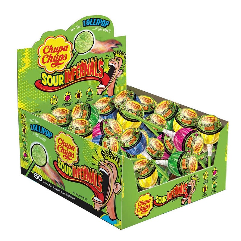 Buy 50pc Chupa Chups 475g Sour Infernals Lemon/Strawberry/Cola/Apple ...